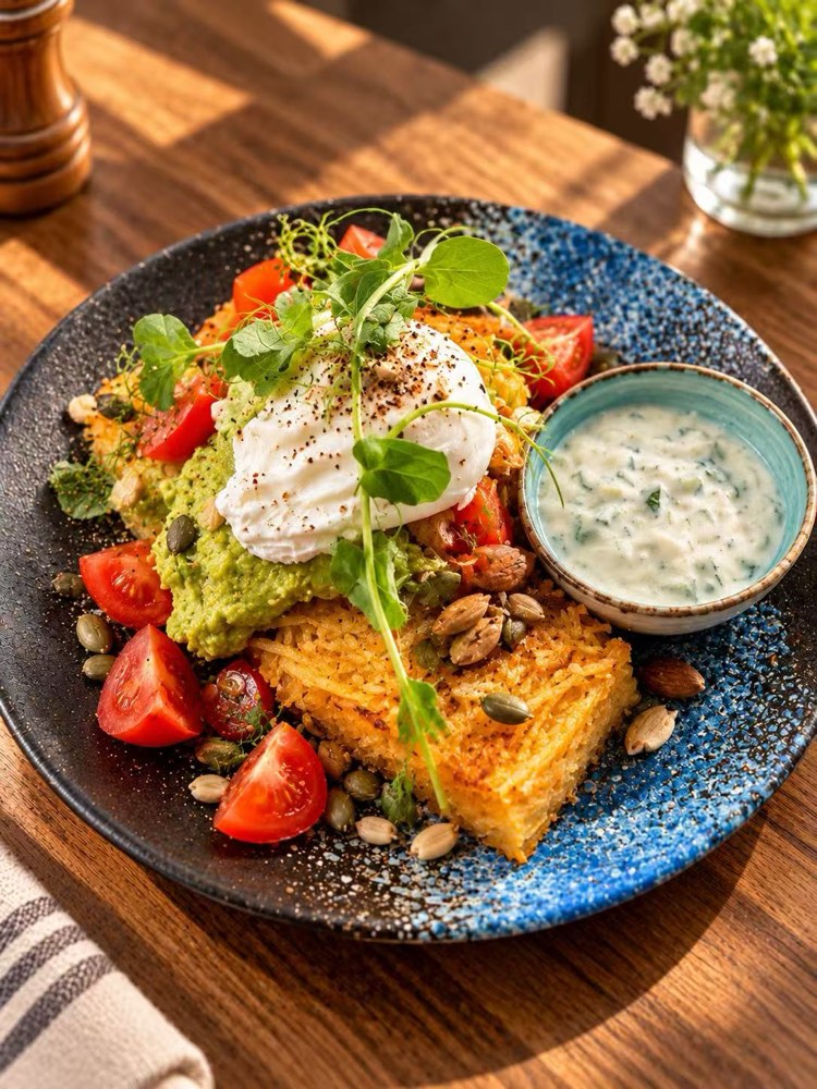 Smashed avocado and poached egg on potato hash with cherry tomatoes, seeds and herb yoghurt