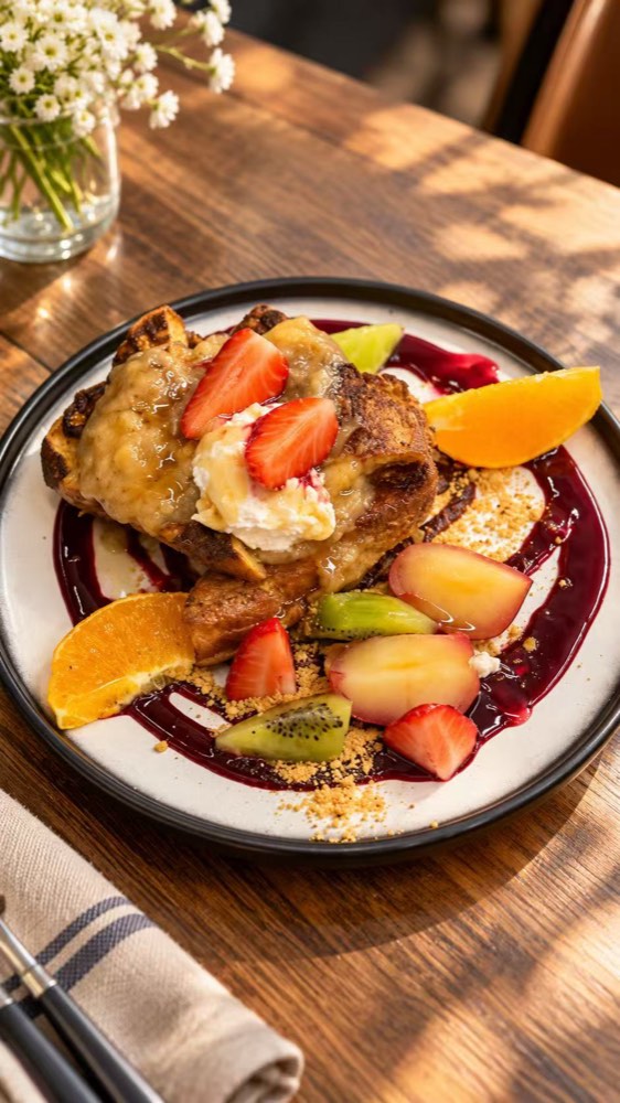 Caramelised brioche with cream, strawberries, orange, kiwifruit, berry sauce and crumble