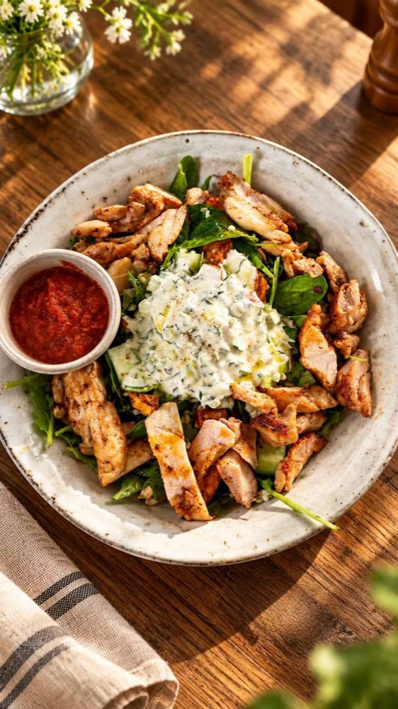 Grilled chicken bowl with greens and herb yoghurt, chilli sauce on the side