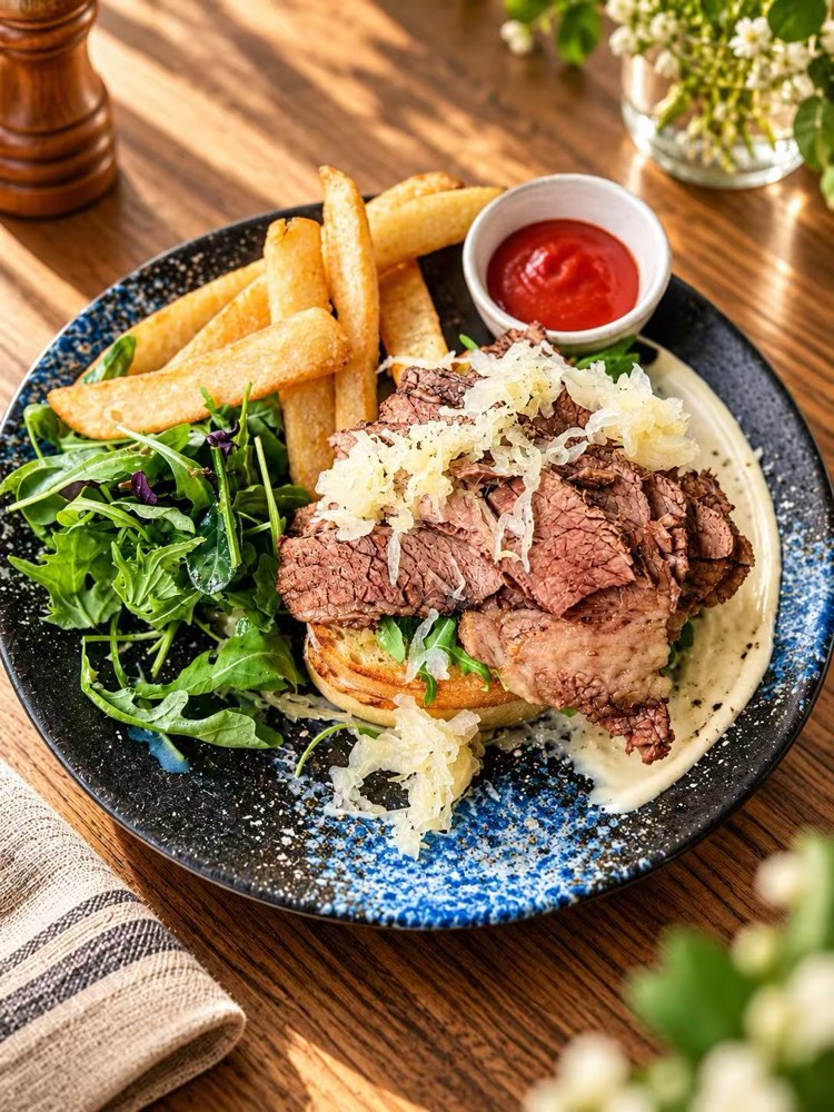 Corned beef and sauerkraut on grilled bread with fries and salad