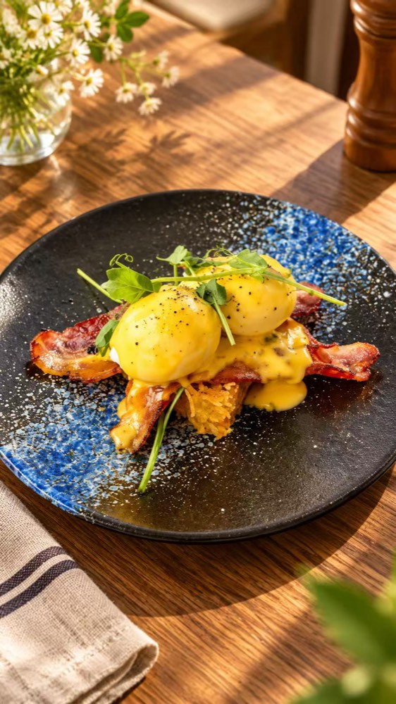 Poached eggs with hollandaise and bacon on crispy potato hash