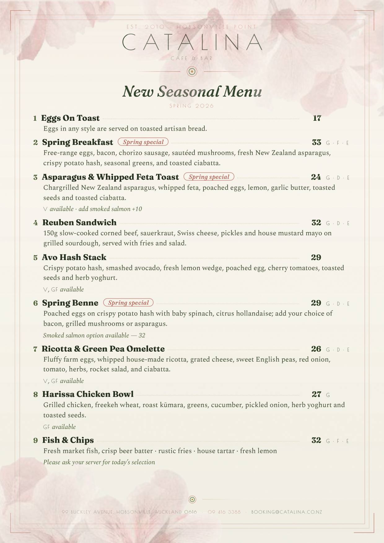 Spring 2026 menu, page 1 of 2: Eggs on Toast, Spring Breakfast, Asparagus & Whipped Feta Toast, Reuben Sandwich, Avo Hash Stack, Spring Benne, Ricotta & Green Pea Omelette, Harissa Chicken Bowl, Fish & Chips