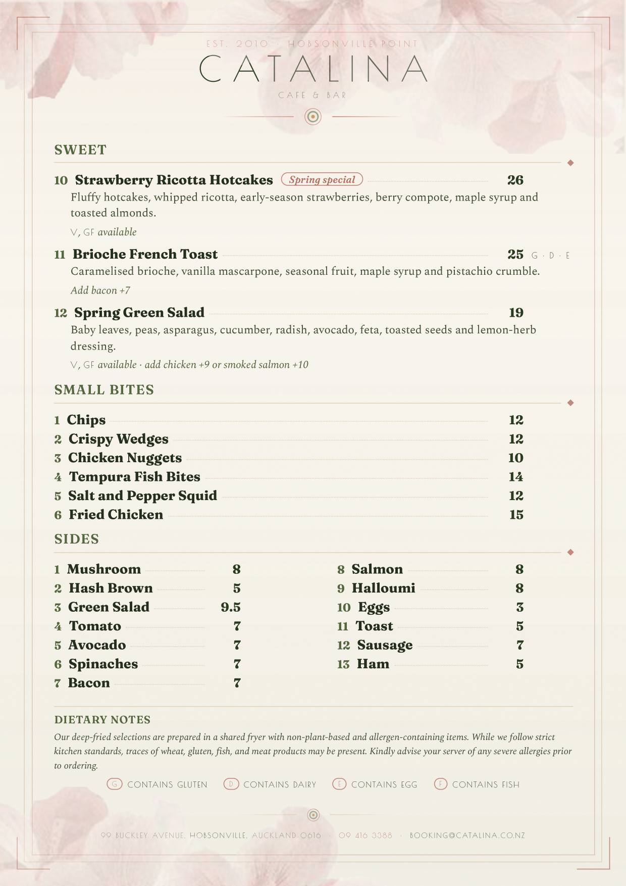 Spring 2026 menu, page 2 of 2: sweet dishes (Strawberry Ricotta Hotcakes, Brioche French Toast, Spring Green Salad), small bites, sides and dietary notes